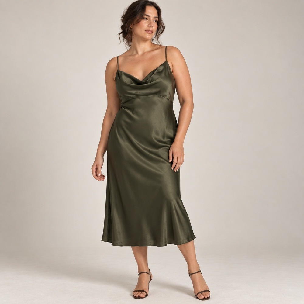 Jenny Yoo Collection Midi Dress Women 16 Olive Green Cowl Neck Satin Wedding
